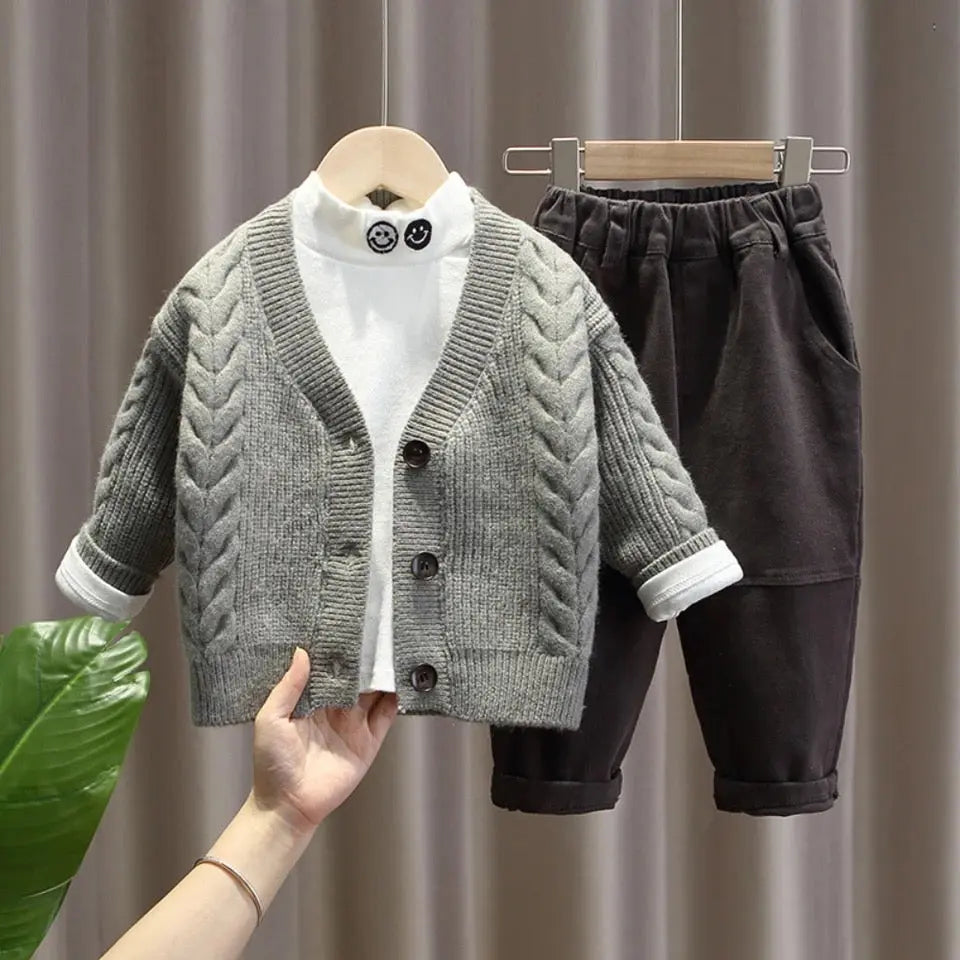 Boys Grey Sweater with T-shirt And Trouser 3 Pcs Set