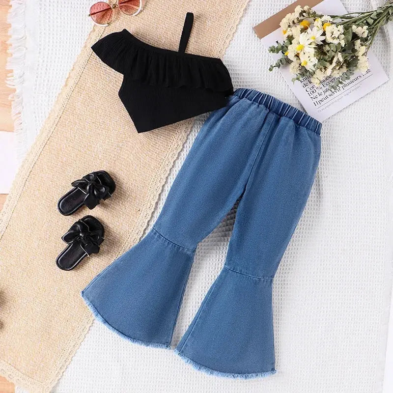 Girls Off Shoulder Black Top And Bell Bottom Jeans