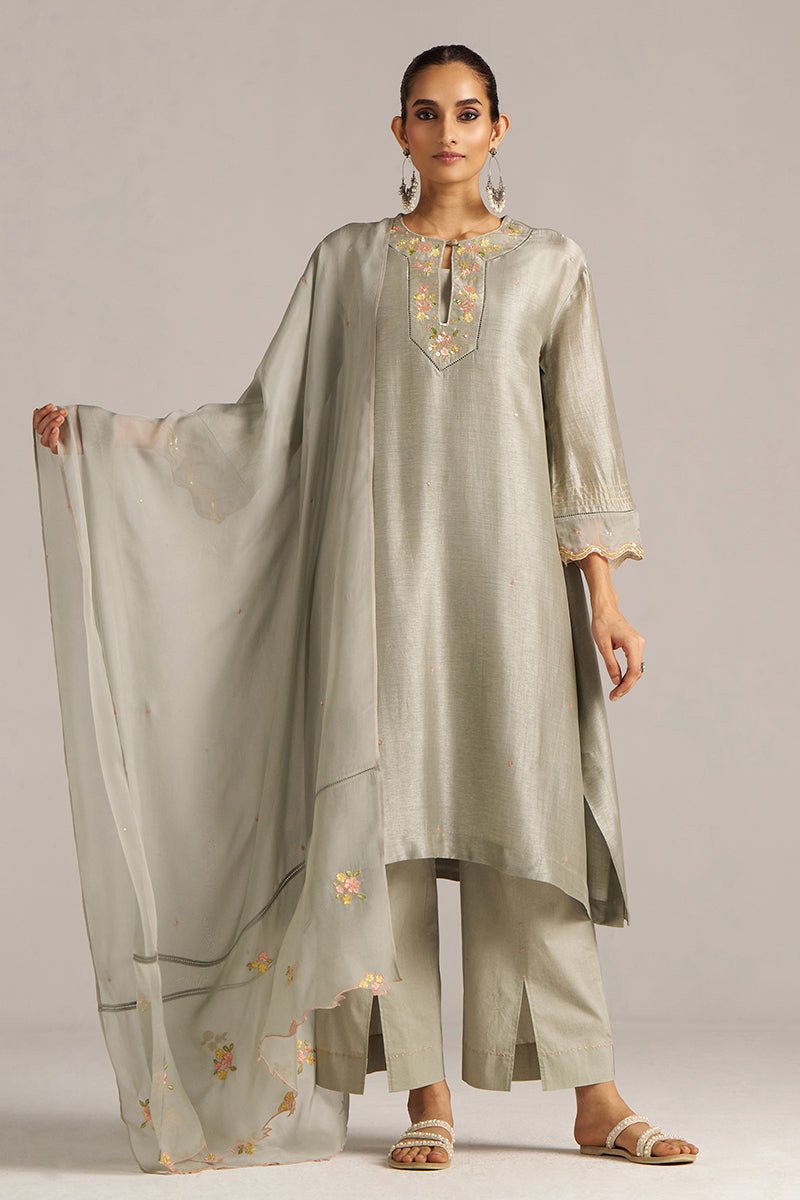 Seagrass Grey Raw Silk Festive Kurta Set