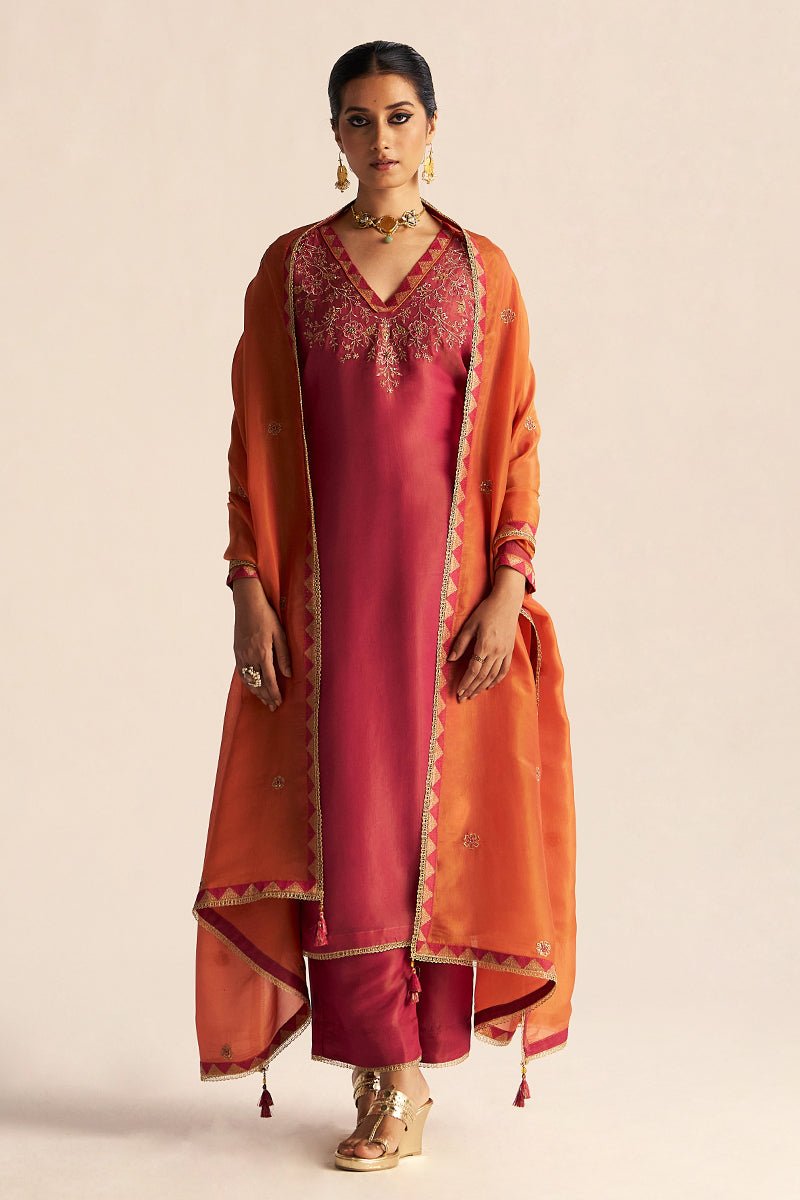 Cherries Jubilee Kurta With Burnt Sienna Dupatta Festive Kurta Set