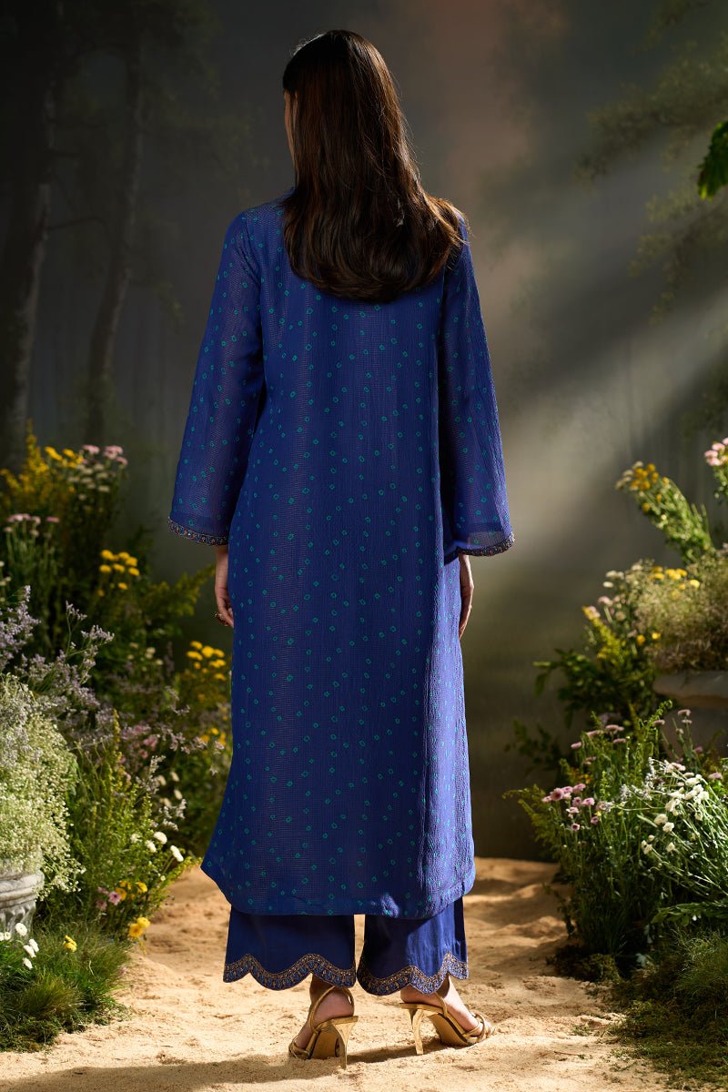 Mazarine Blue Zari Woven Checkard Silk Kurta Set