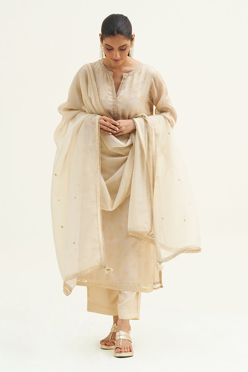 Angora Beige and Golden Organza Jacquard Kurta Set