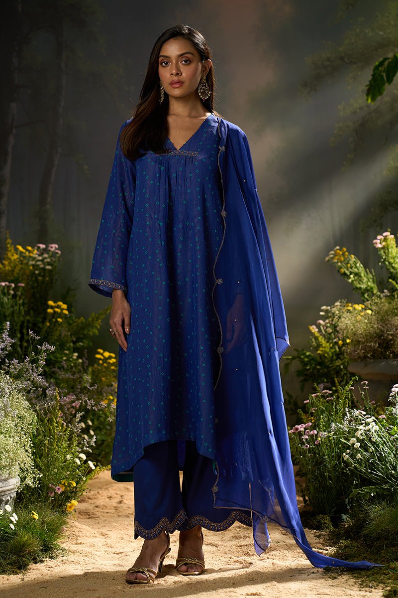 Mazarine Blue Zari Woven Checkard Silk Kurta Set