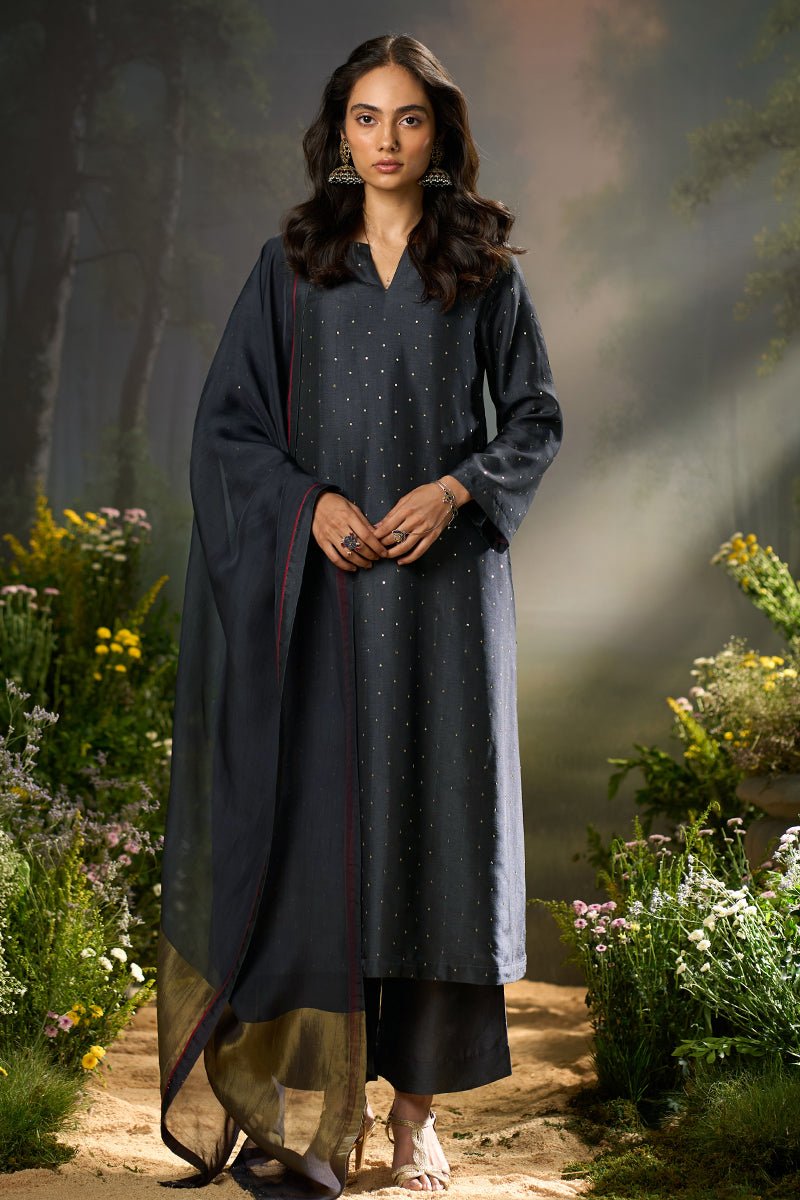 Deep Well Blue Raw Silk Festive Kurta Set