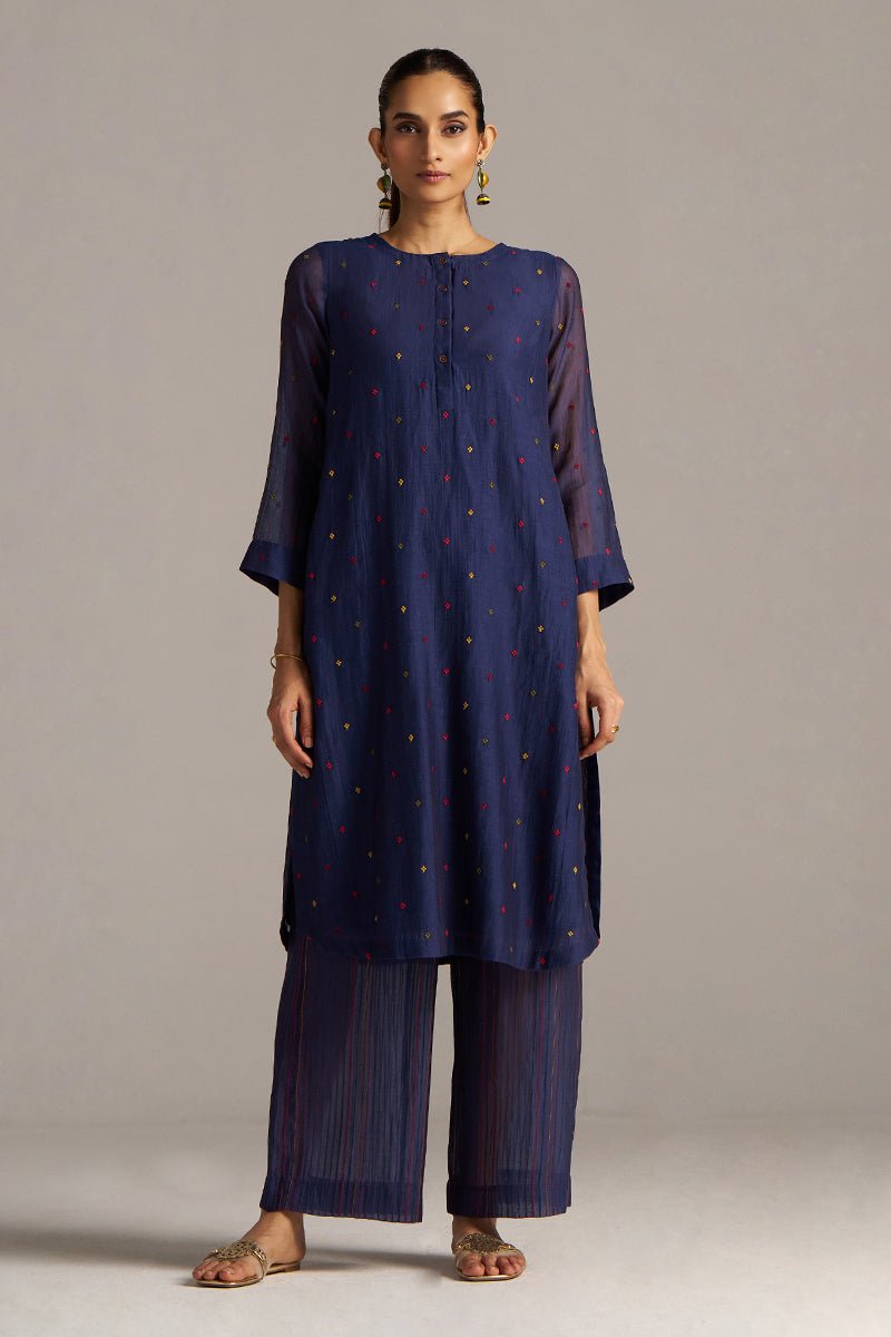 Blue Opal Embroidered Mul-Chanderi Festive Co-ord Set