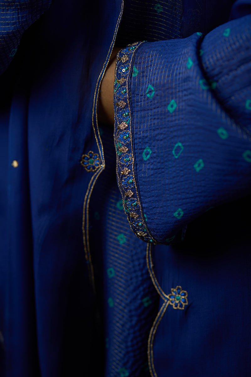 Mazarine Blue Zari Woven Checkard Silk Kurta Set