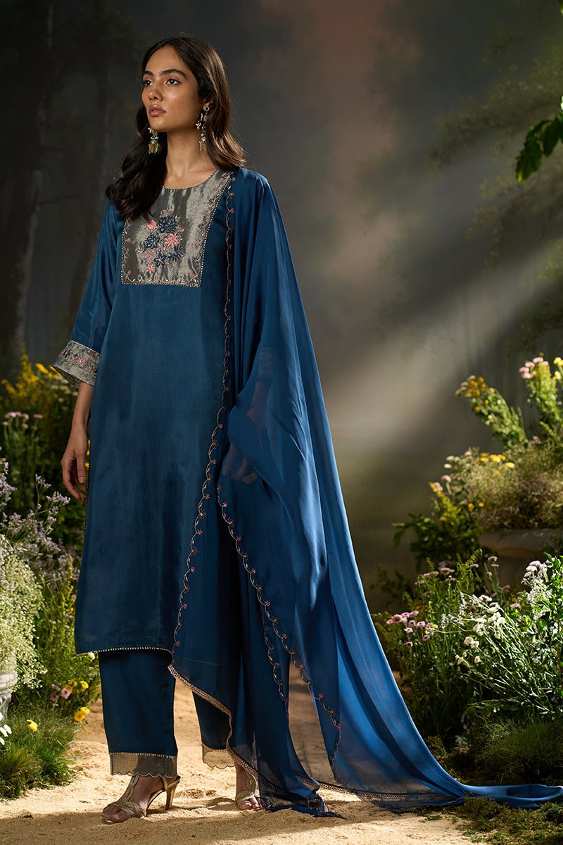 Ensign Blue Silk Festive Kurta Set