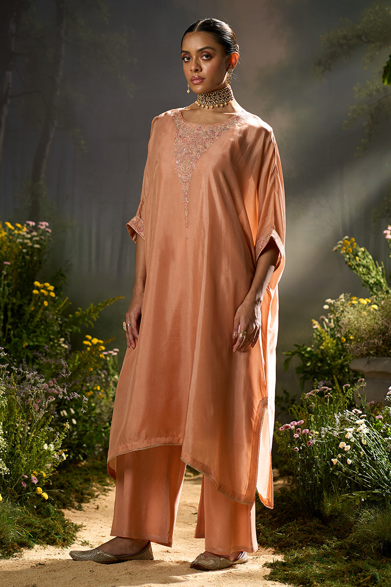 Peach Bloom Silk Kaftaan Co-ord Set