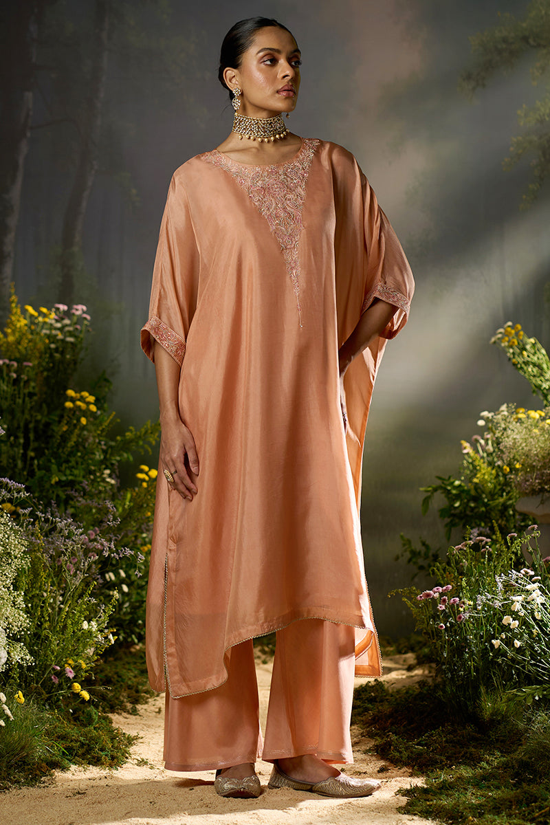 Peach Bloom Silk Kaftaan Co-ord Set