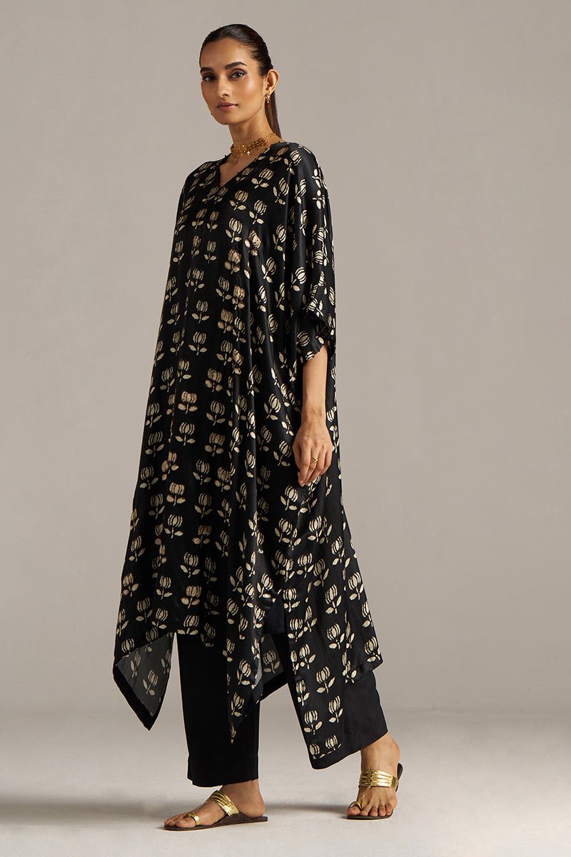 Black Lotus Print Gaji Silk Festive Kaftaan Set ( Co-ord Set )