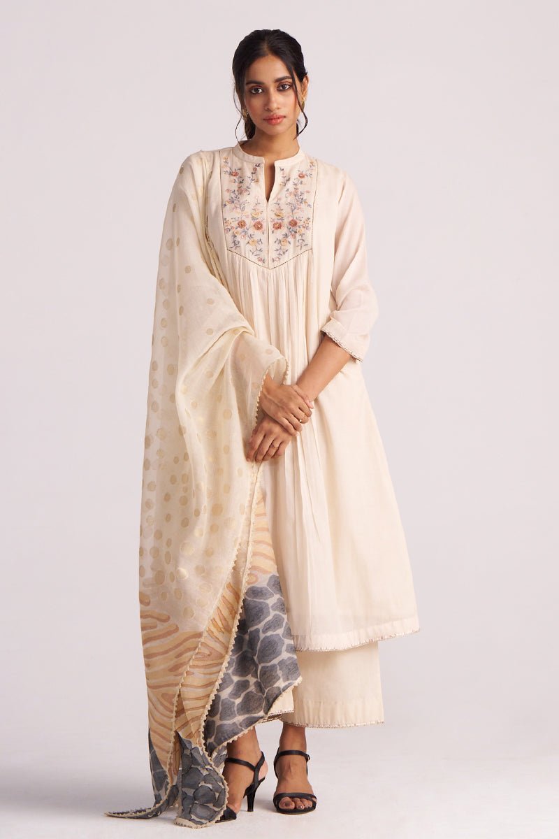 Beige Mul-Chanderi Embroidered Kurta Set