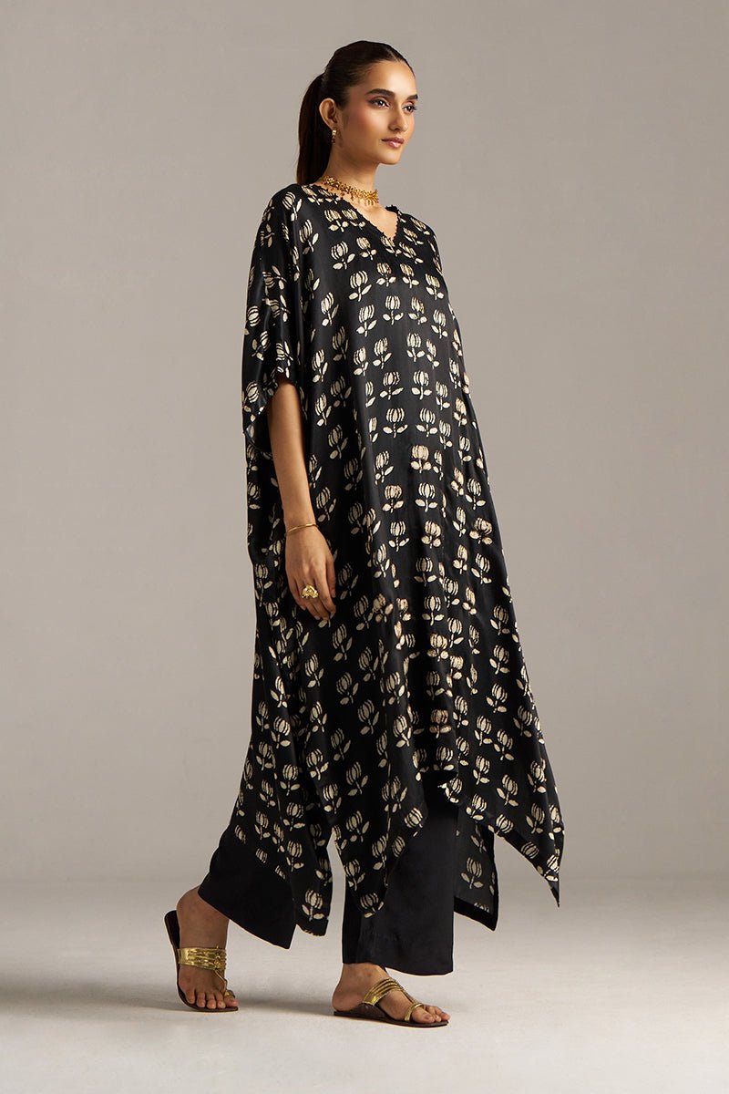 Black Lotus Print Gaji Silk Festive Kaftaan Set ( Co-ord Set )