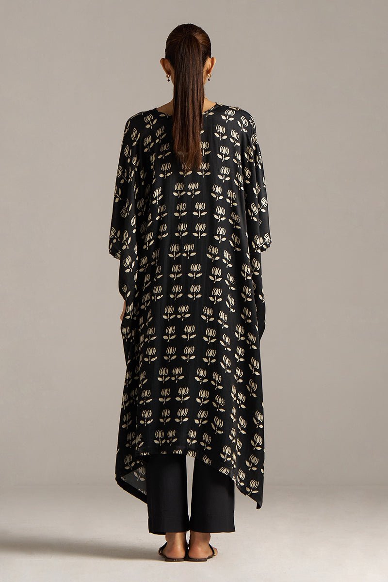 Black Lotus Print Gaji Silk Festive Kaftaan Set ( Co-ord Set )
