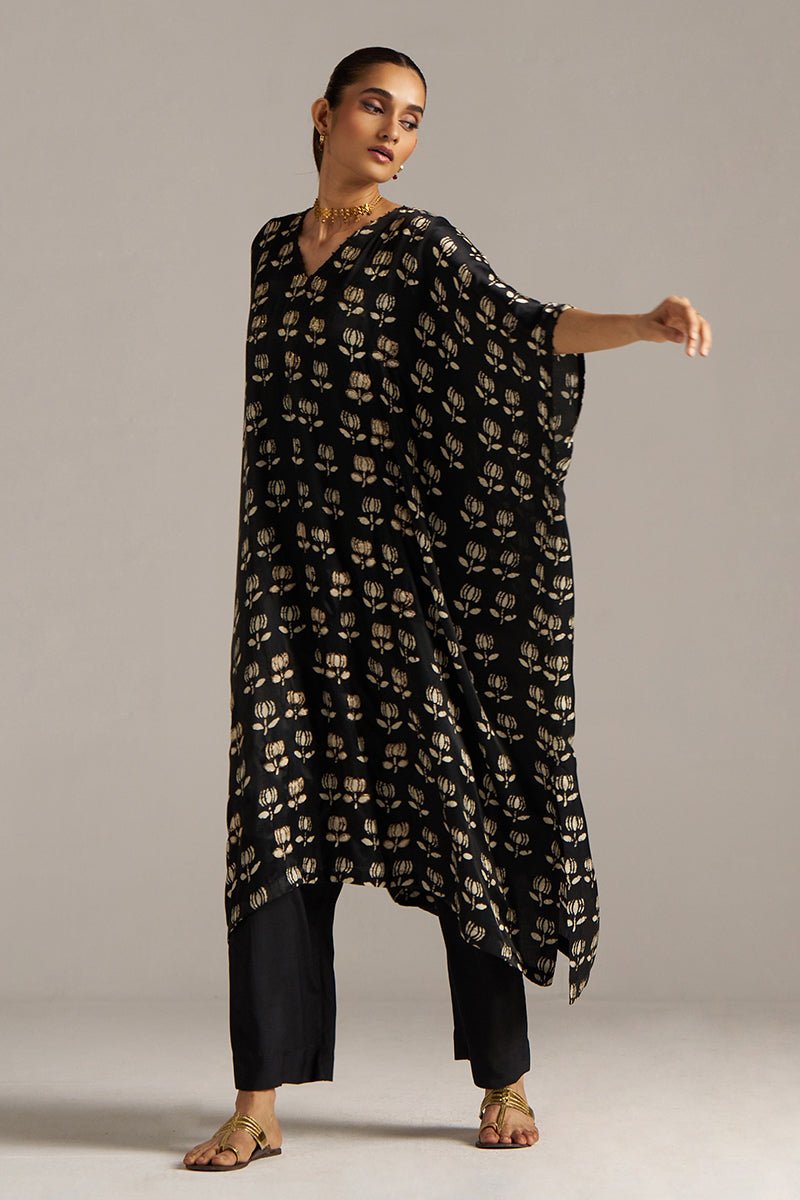 Black Lotus Print Gaji Silk Festive Kaftaan Set ( Co-ord Set )