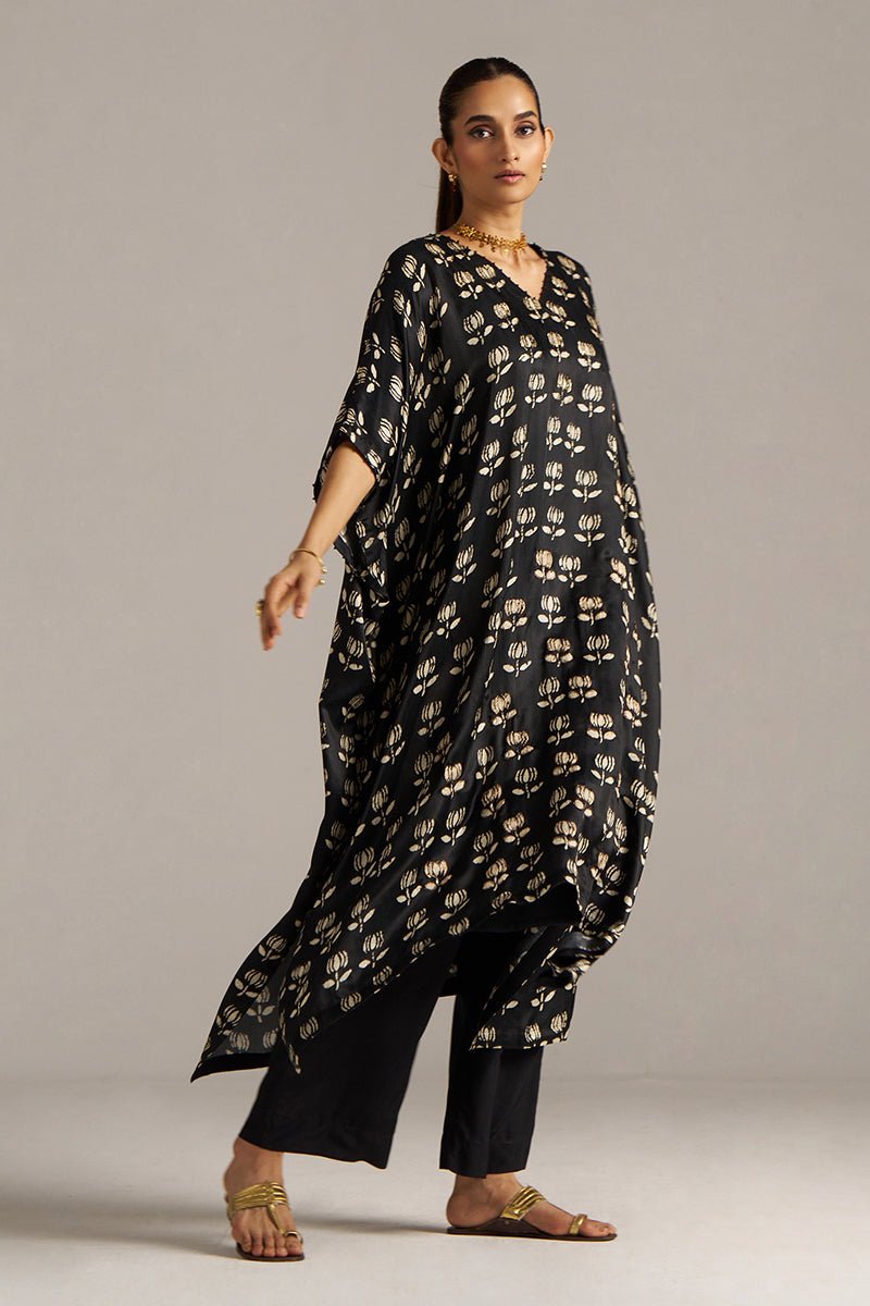 Black Lotus Print Gaji Silk Festive Kaftaan Set ( Co-ord Set )