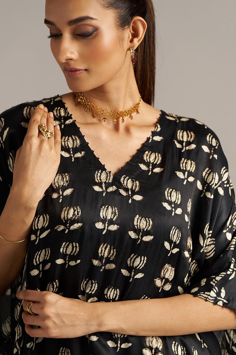 Black Lotus Print Gaji Silk Festive Kaftaan Set ( Co-ord Set )