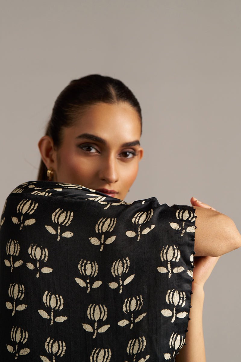 Black Lotus Print Gaji Silk Festive Kaftaan Set ( Co-ord Set )