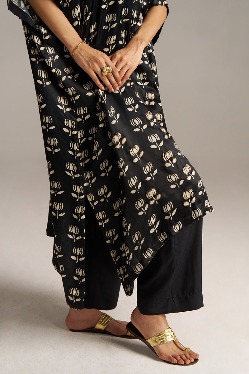 Black Lotus Print Gaji Silk Festive Kaftaan Set ( Co-ord Set )