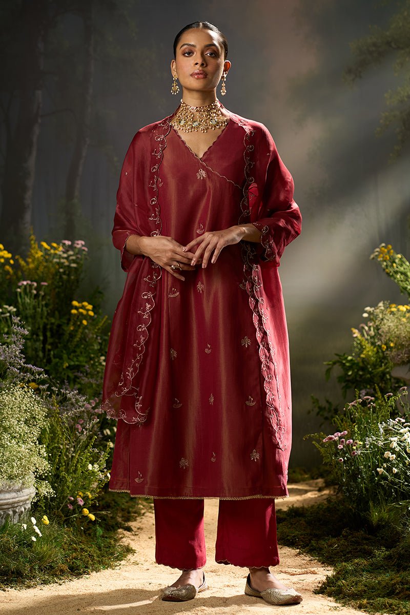 Rumba Red Tissue Silk Angrakha Festive Kurta Set