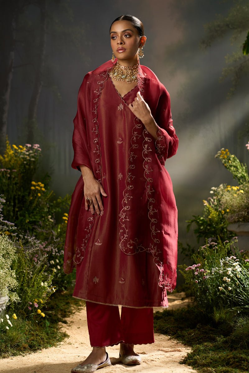 Rumba Red Tissue Silk Angrakha Festive Kurta Set