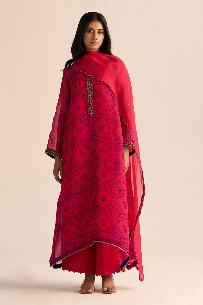 Beetroot Purple Kora Silk Bandhani Kurta Set