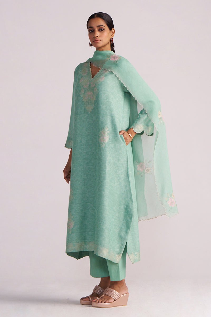 Dusty Jade Green Woven Silk Kurta Set