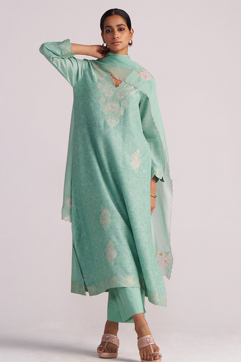 Dusty Jade Green Woven Silk Kurta Set