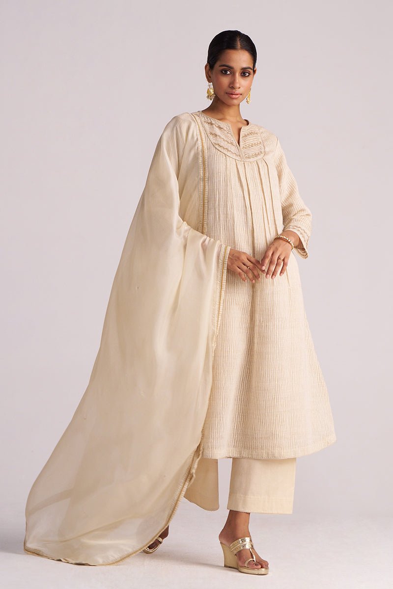 Beige Woven Kurta Set