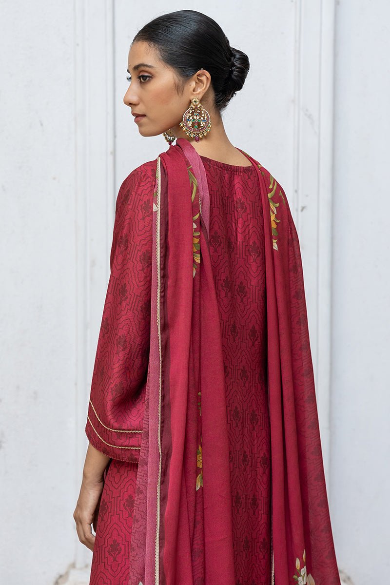 Wine Raw Silk Printed and Hand Detailed Festive Salwar Suit