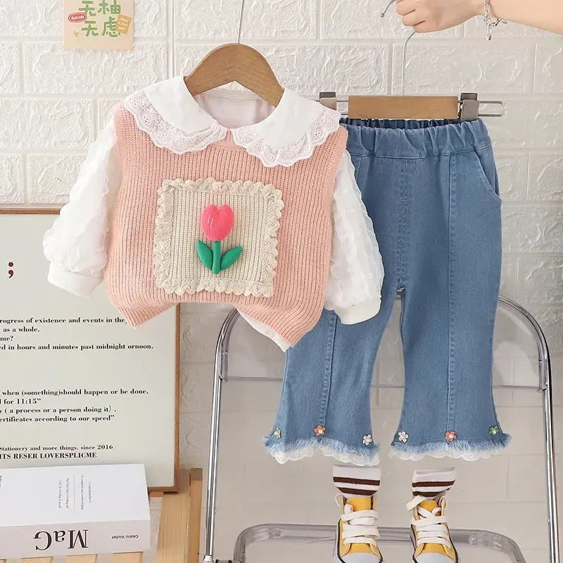 Girls Knitted Sweater With Top And Jeans 3 Pcs Set