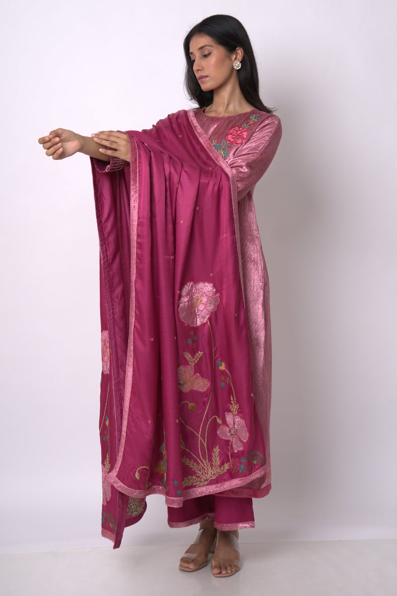 Fushia Pink and Beige Silk Velvet Salwar Suit