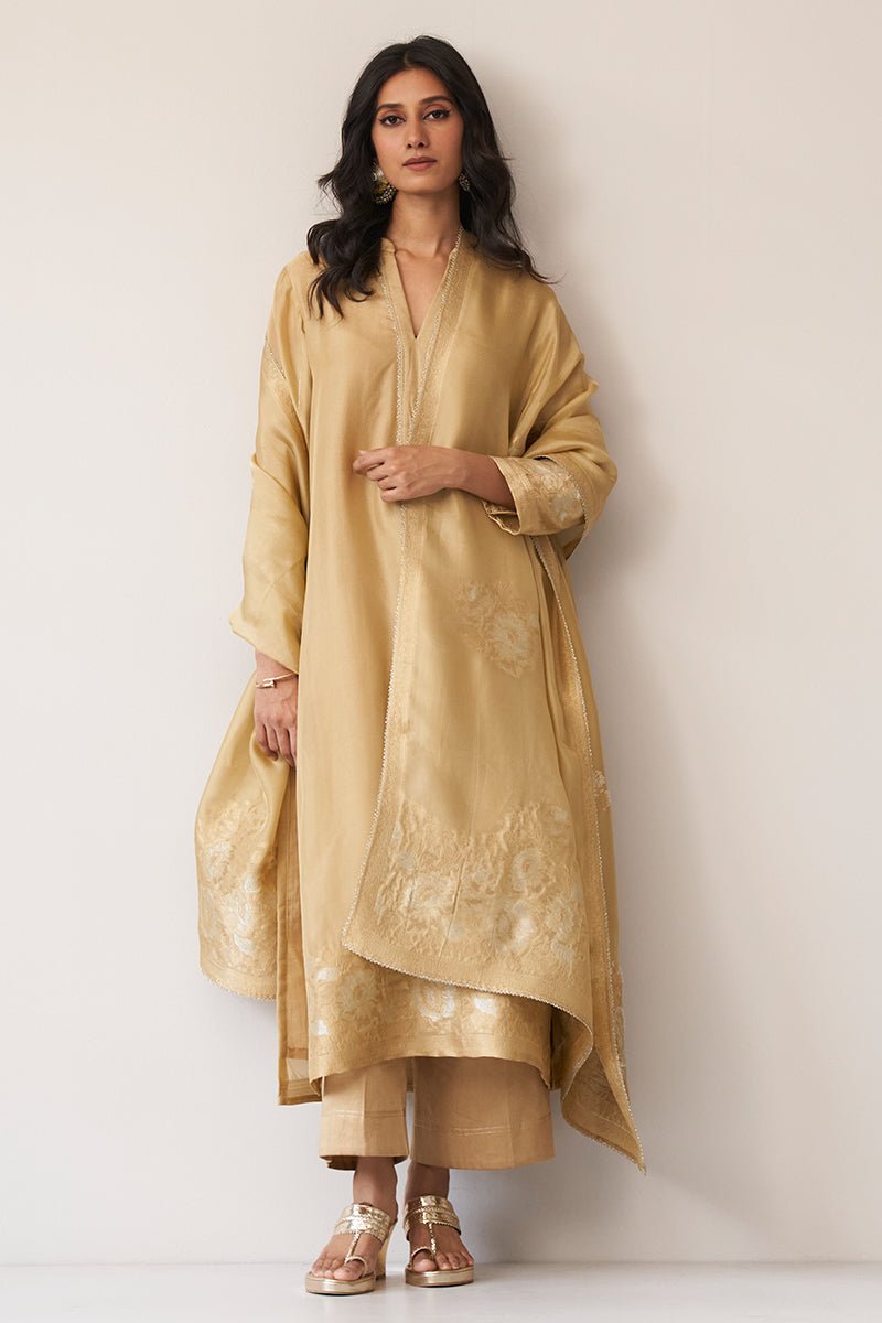 Gold Beige Silk Jacquard Kurta Set
