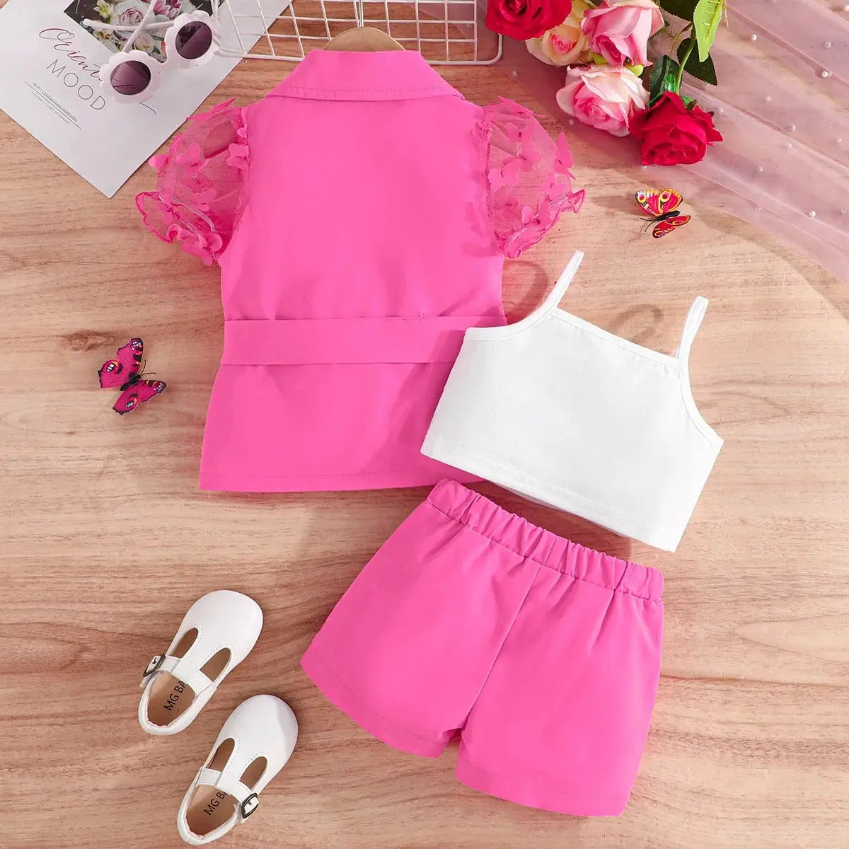 Girls Pink 3-Piece Set with Bow Blazer, White Crop Top & Shorts