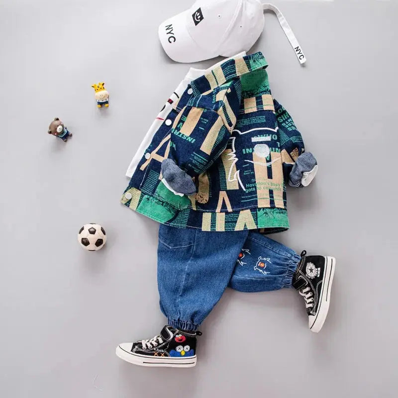 Boys Text Print Jacket, T-shirt And Jeans 3 Pcs Se