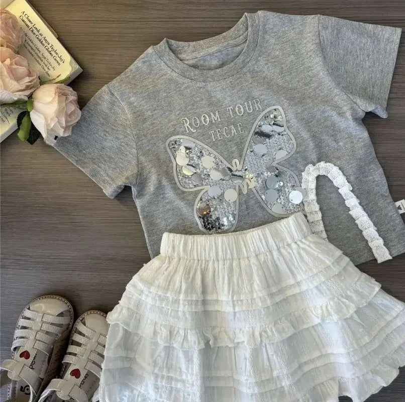 Girls Butterfly Sequins Top And Skirt 2 Pcs Set
