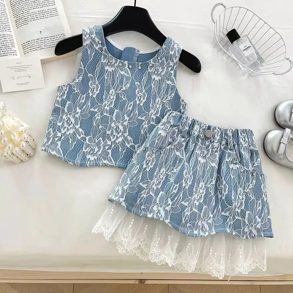 Girls Blue Lace Designer 2 Pcs Set