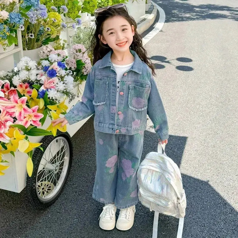 Girls Denim Co-ord Set With Pink Print Detail