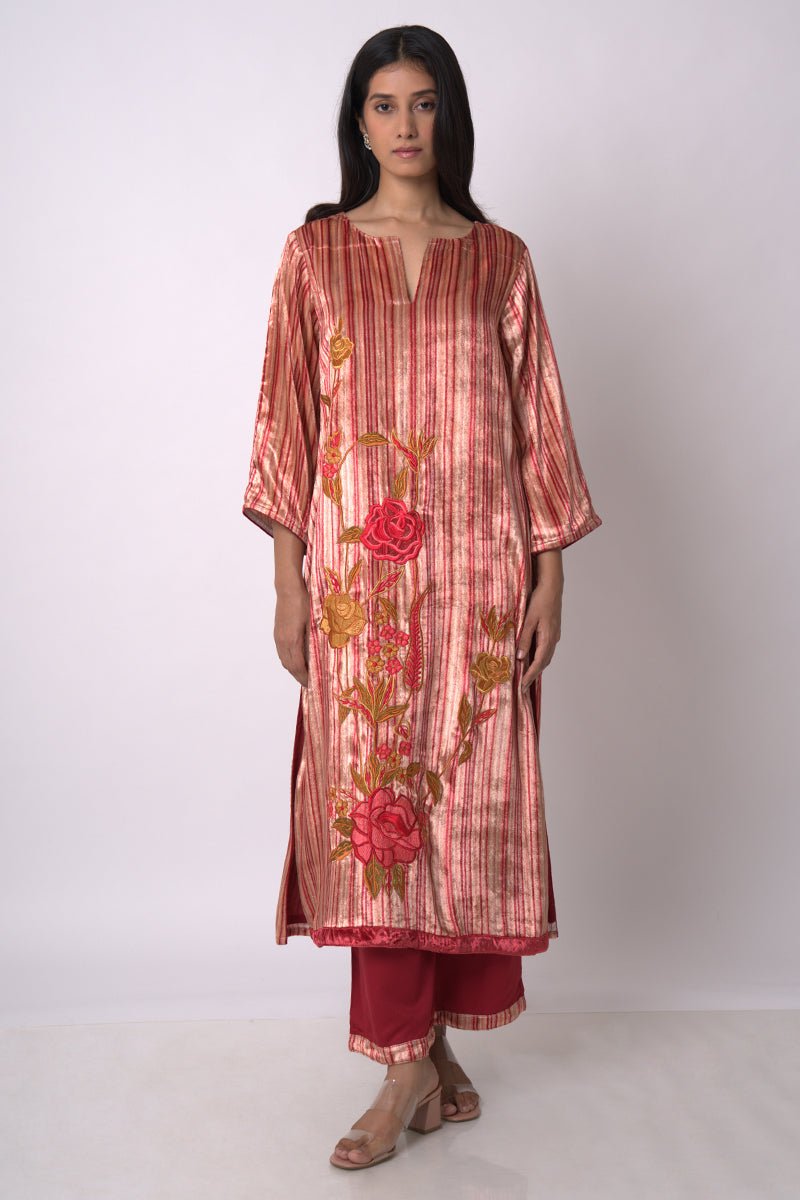 Maroon and Beige Silk Velvet Salwar Suit