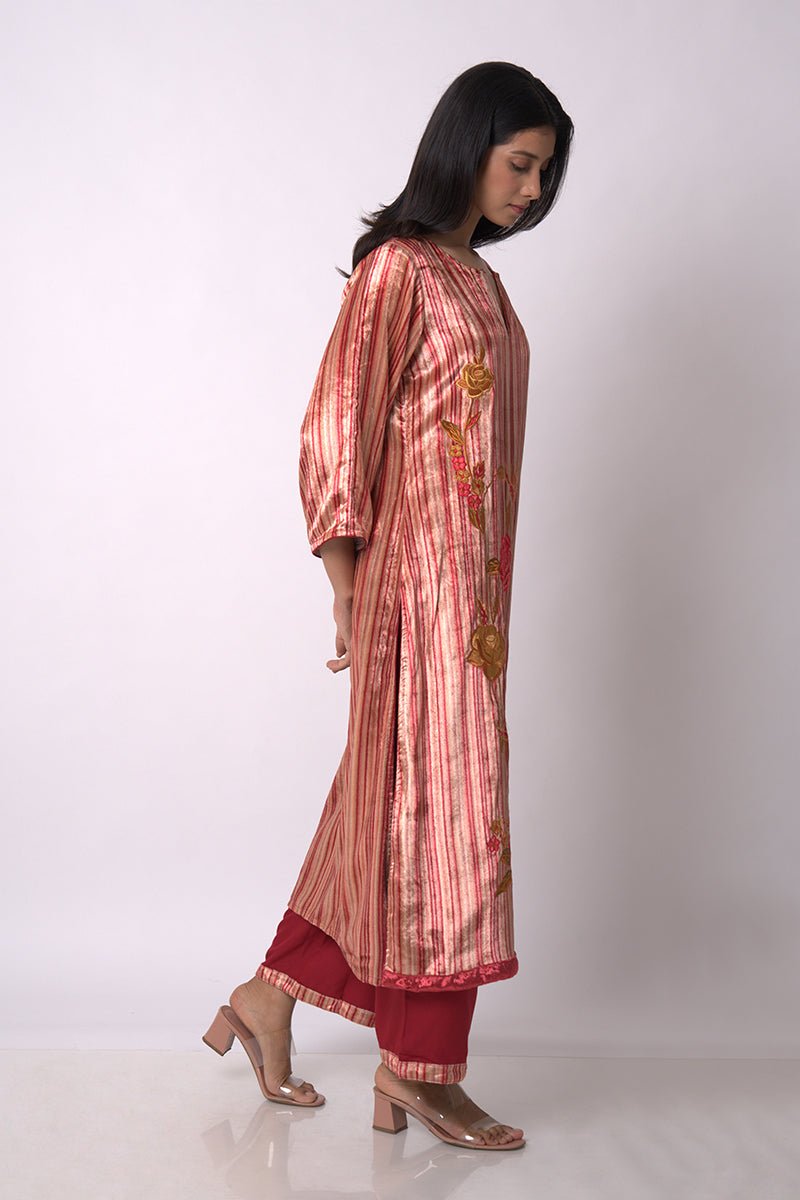 Maroon and Beige Silk Velvet Salwar Suit