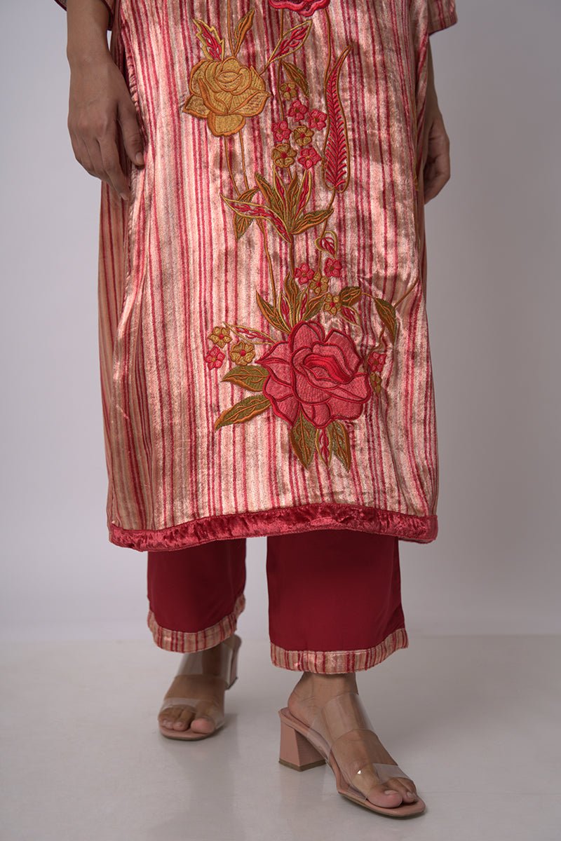 Maroon and Beige Silk Velvet Salwar Suit