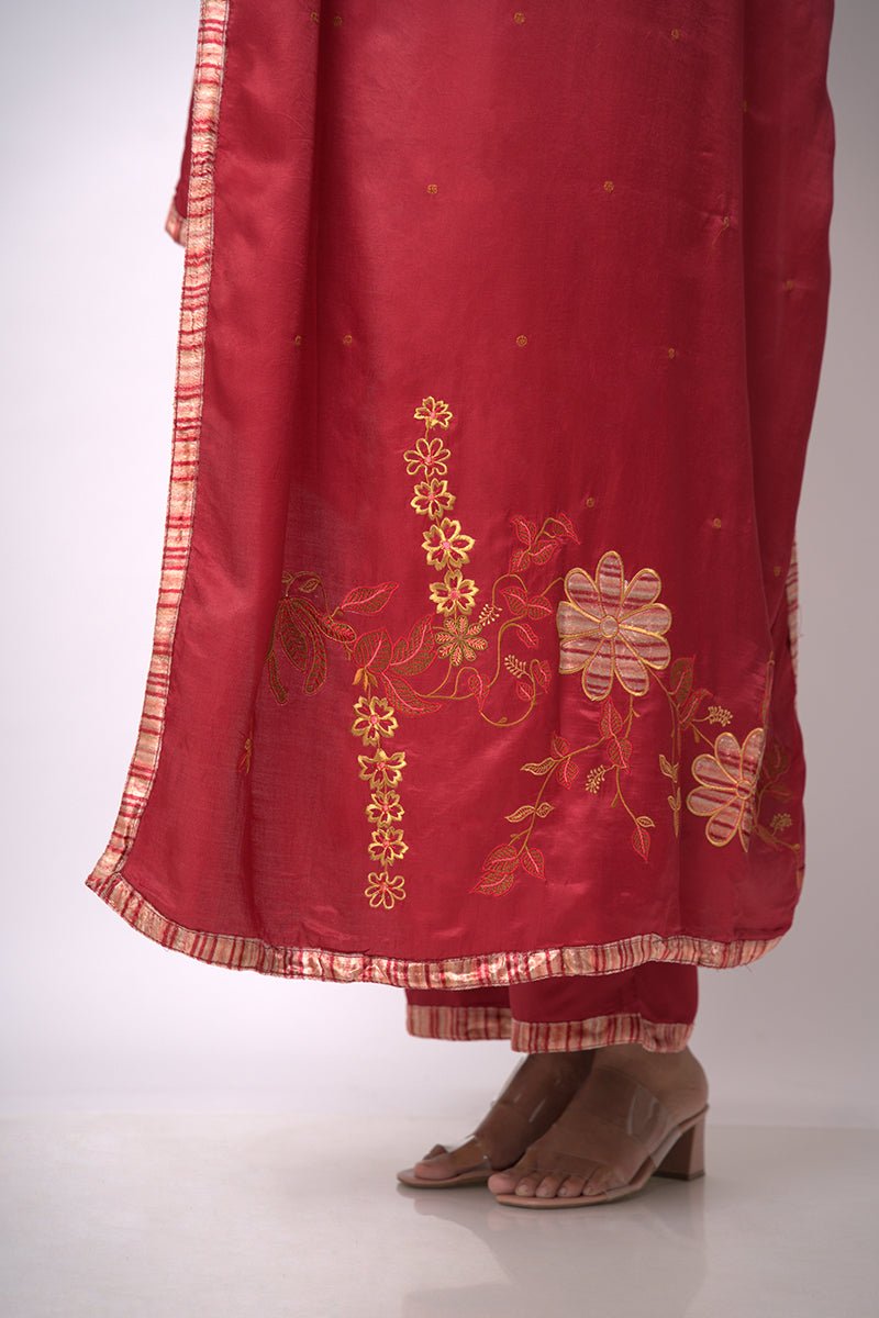 Maroon and Beige Silk Velvet Salwar Suit