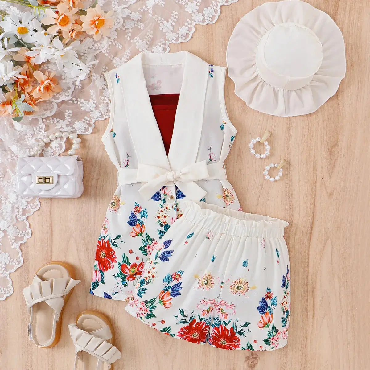 Girls White Floral Printed 4 Pcs Set