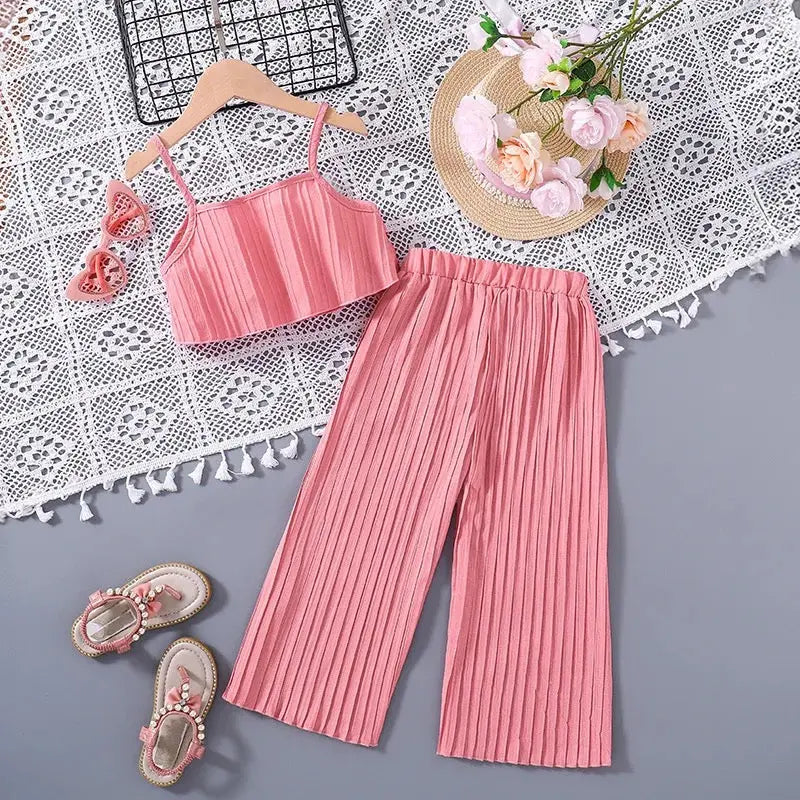 Girls Pink Pleated Crop Top And Plazzo 2 Pcs Set