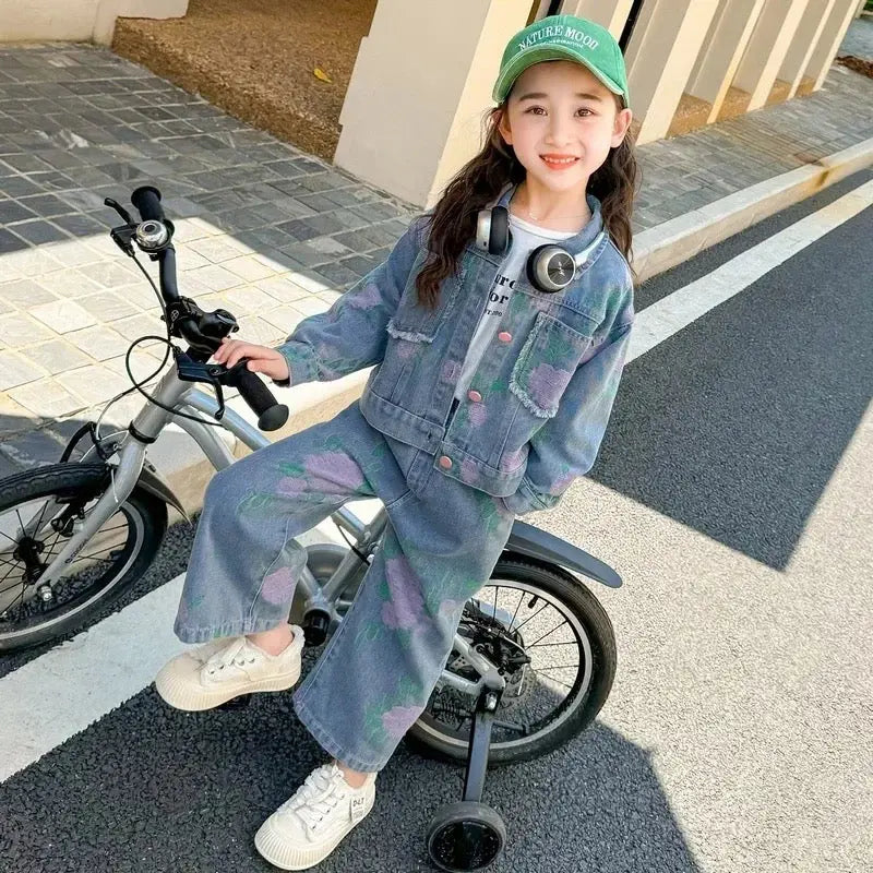 Girls Denim Co-ord Set With Pink Print Detail