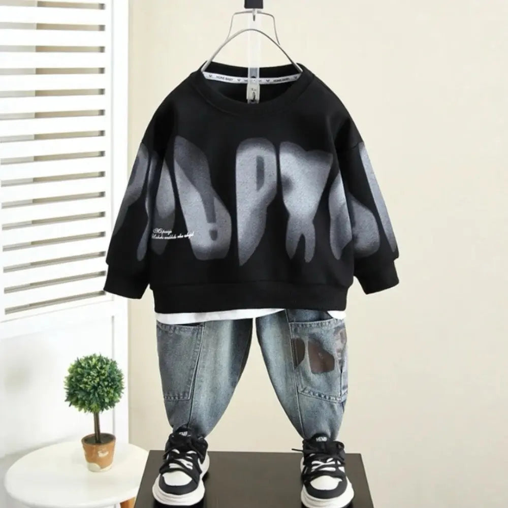 Boys Black Printed Sweatshirt And Jeans 2 Pcs Set