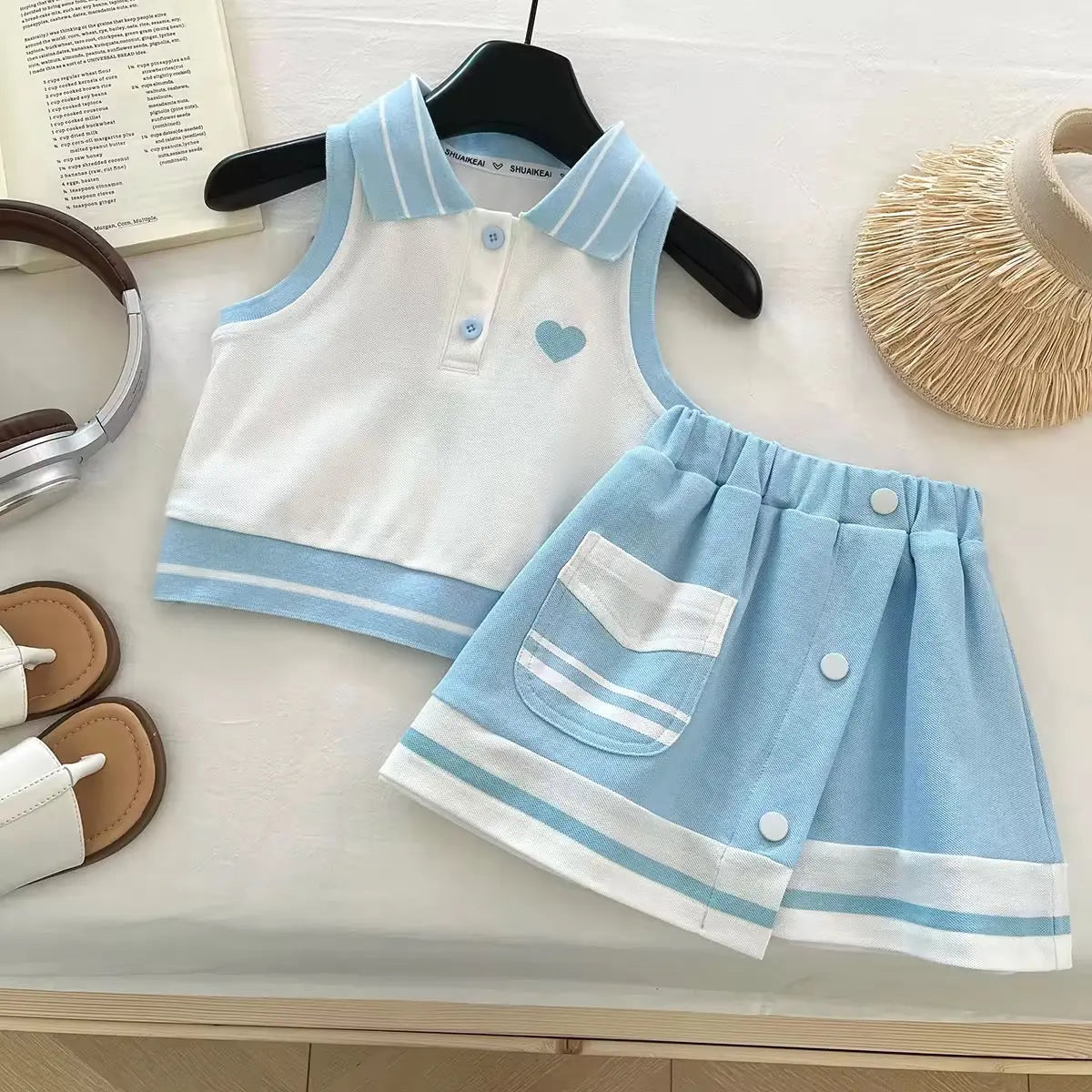Girls Sleeveless Polo Top With Skirt 2 Pcs Set