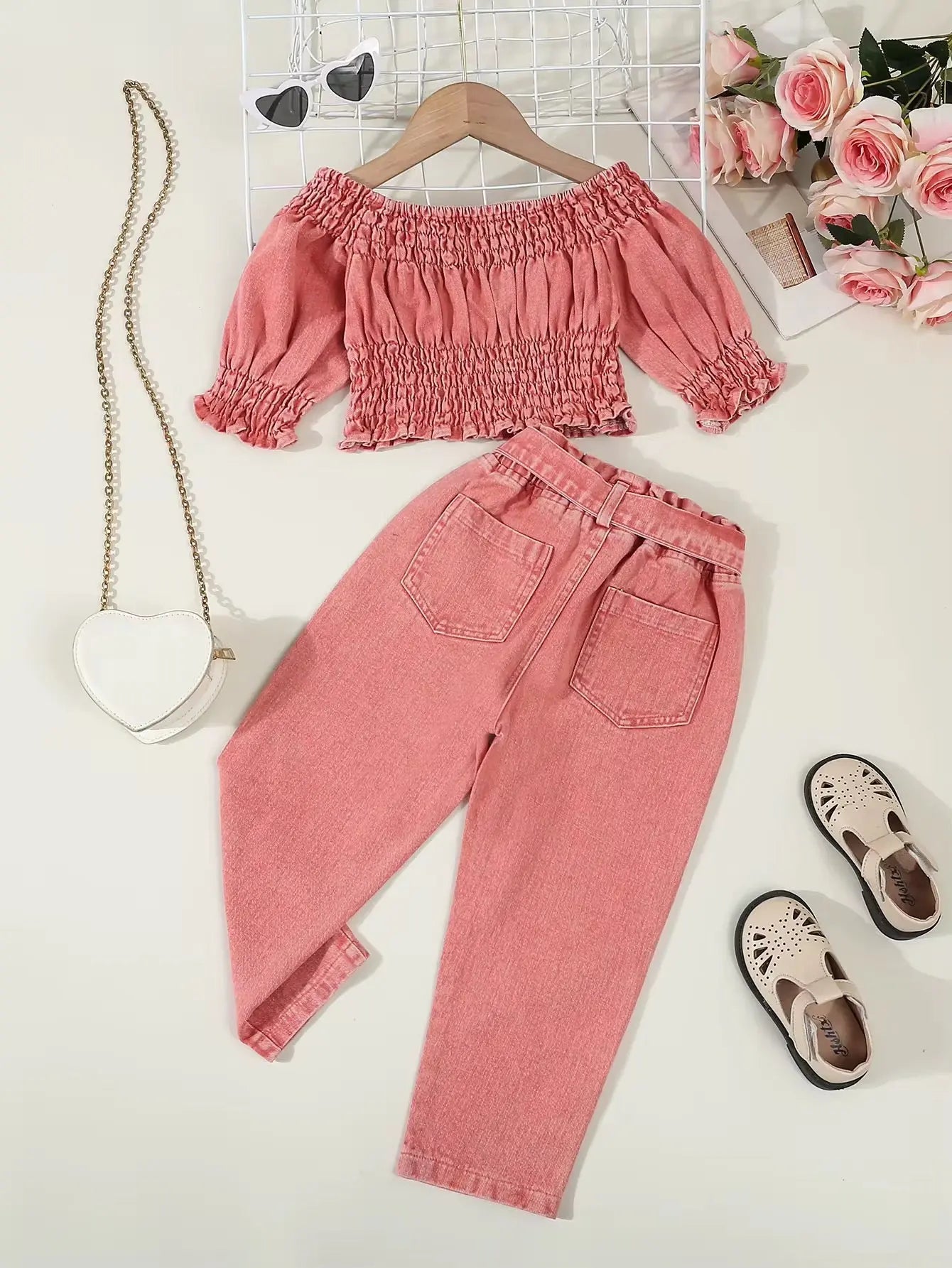 Girls Off-shoulder Top And Rugged Jeans Co-ord Set