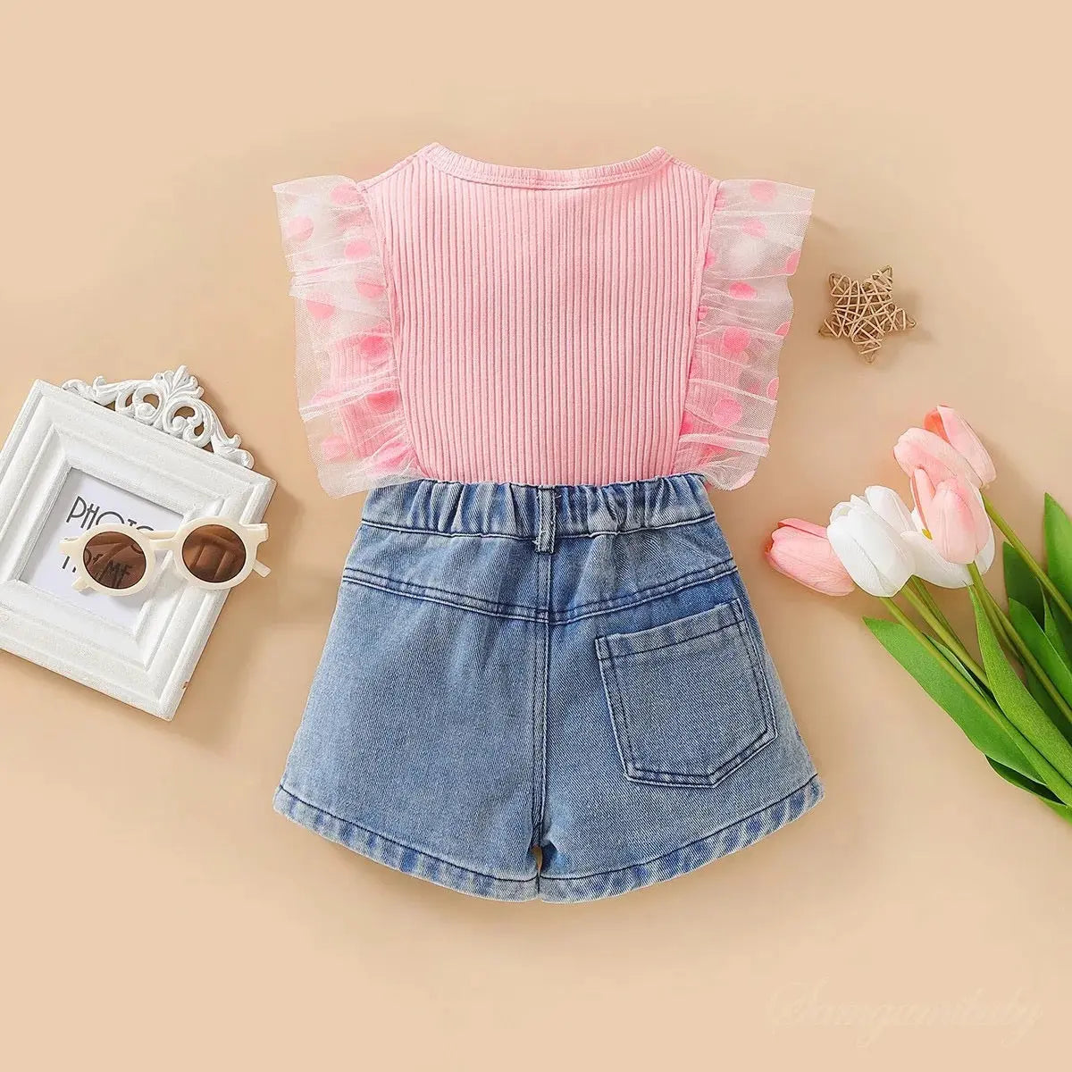 Girls Ruffled Sleeveless T-shirt & Printed Shorts 2 Pcs Set
