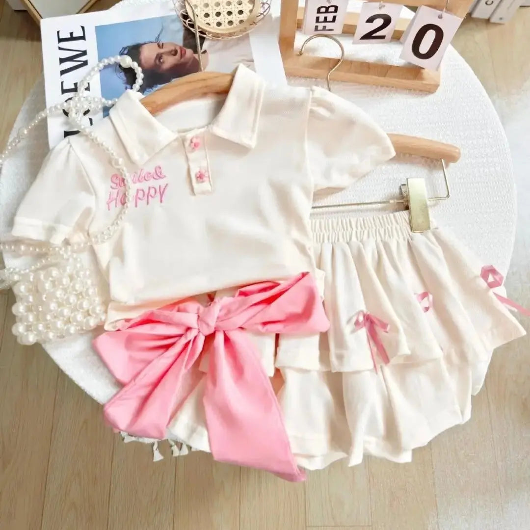 Girls White T-Shirt With Back Bow And Skirt  2 Pcs Set