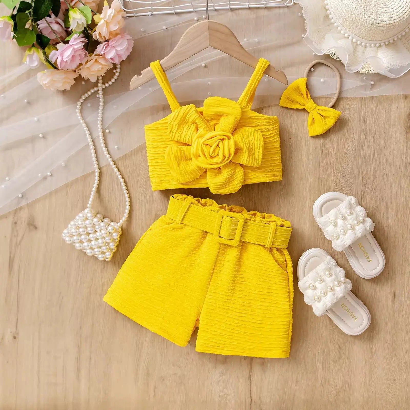 Girls Yellow Flower Detail With Matching Band 4 Pcs Set